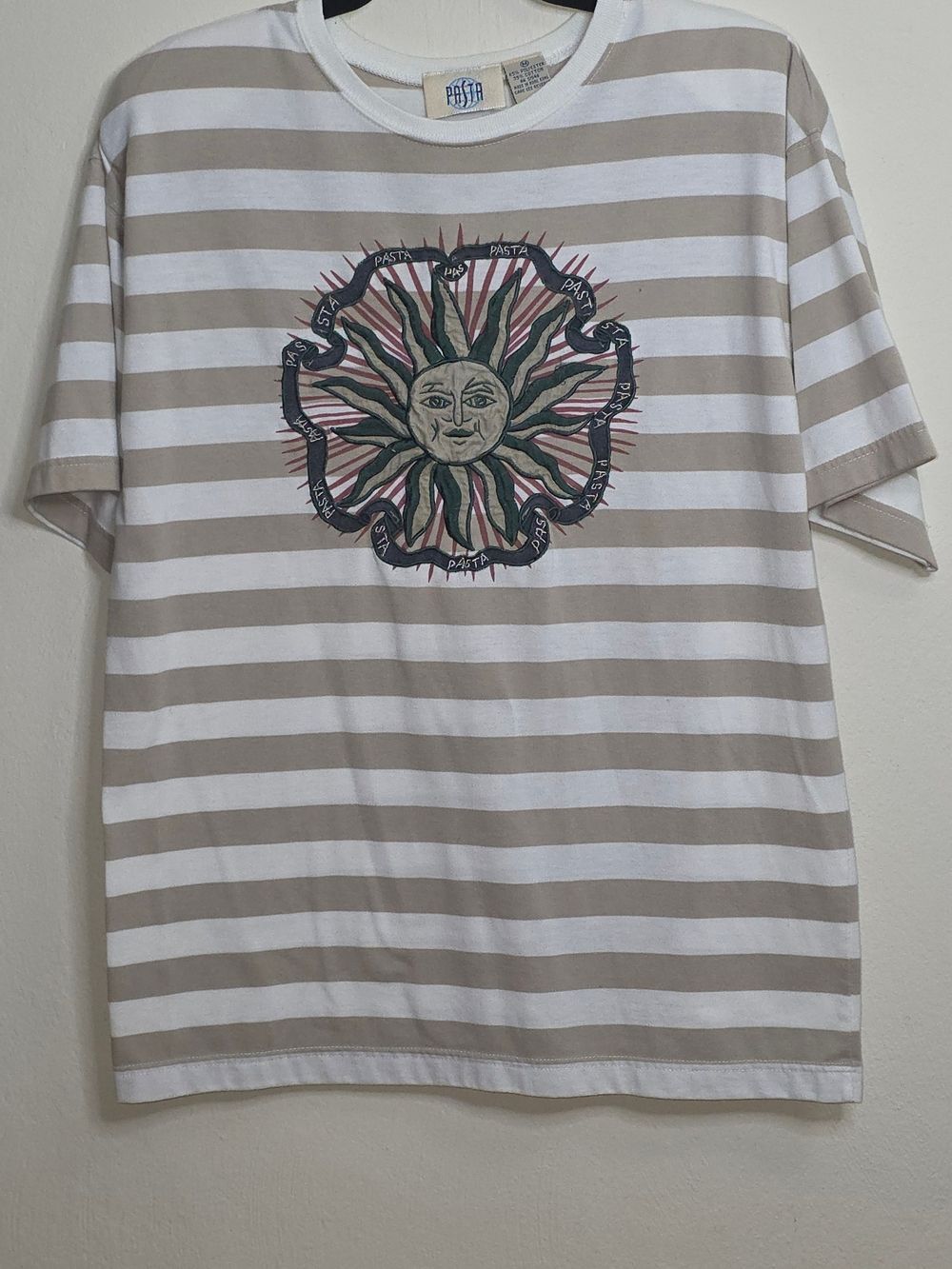 Pasta Brand Beige & White Striped Sun Graphic Tee
